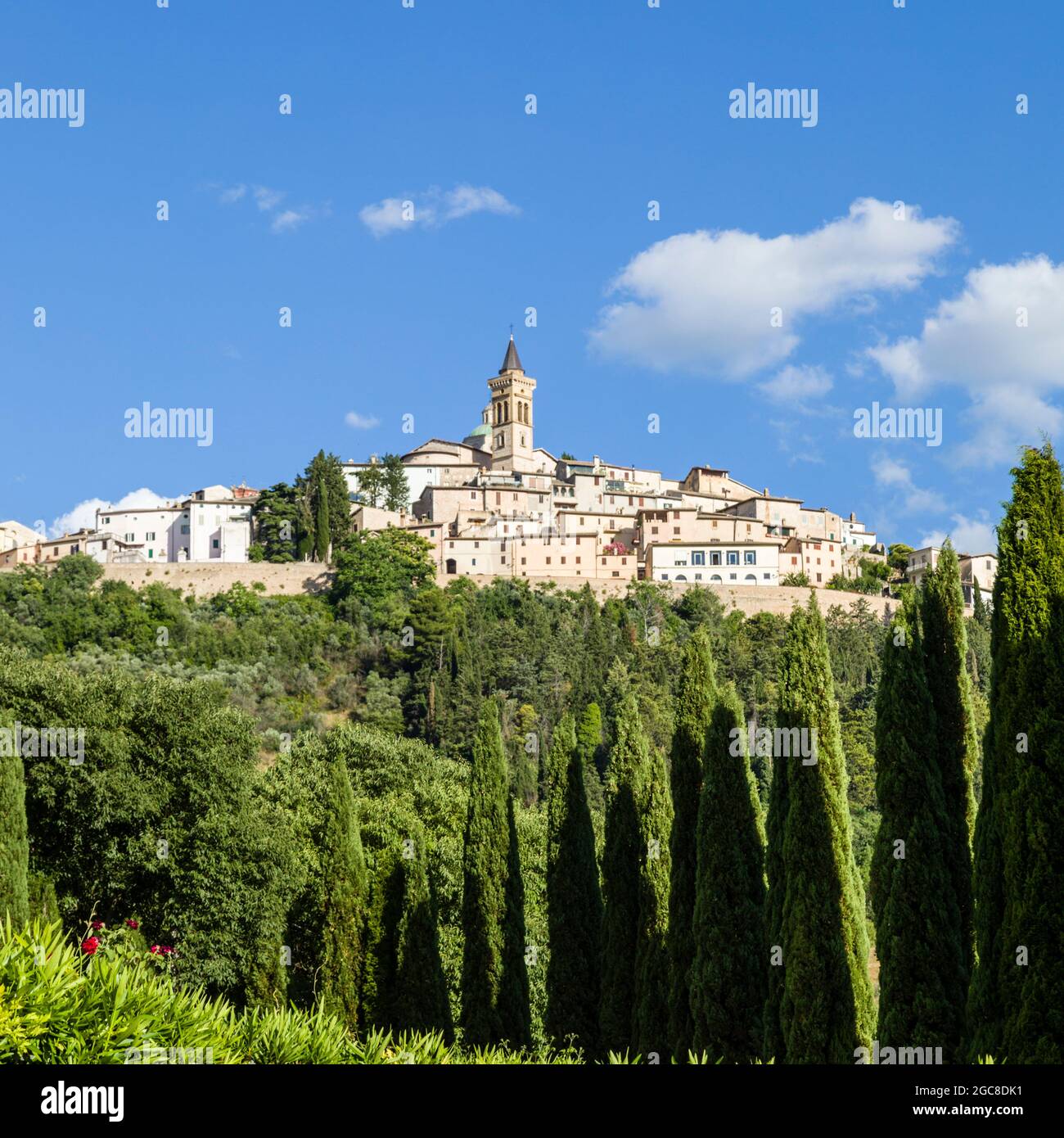 Trevi, a beautiful hilltop town overlooking the Umbrian valley in Italy. Stock Photo
