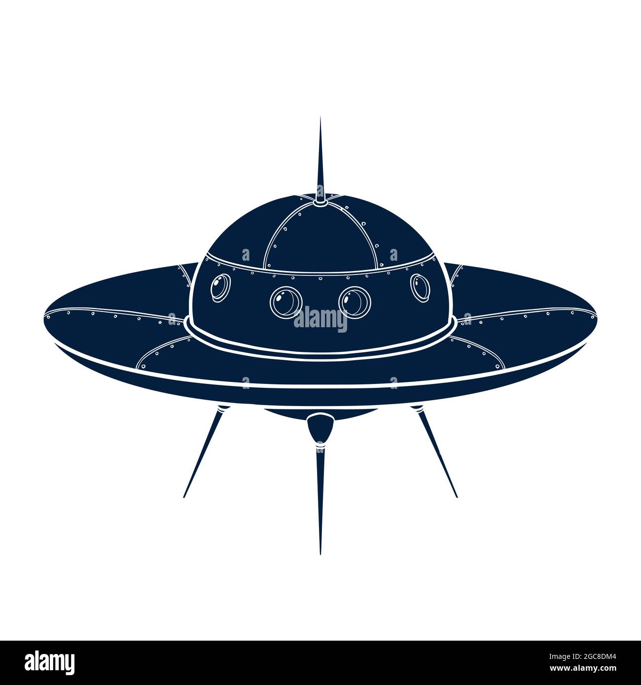 Spaceship Silhouette. Hand drawn spacecraft icon. UFO sketch template for logo, emblem, Web design, Print, Sticker, Card Stock Vector