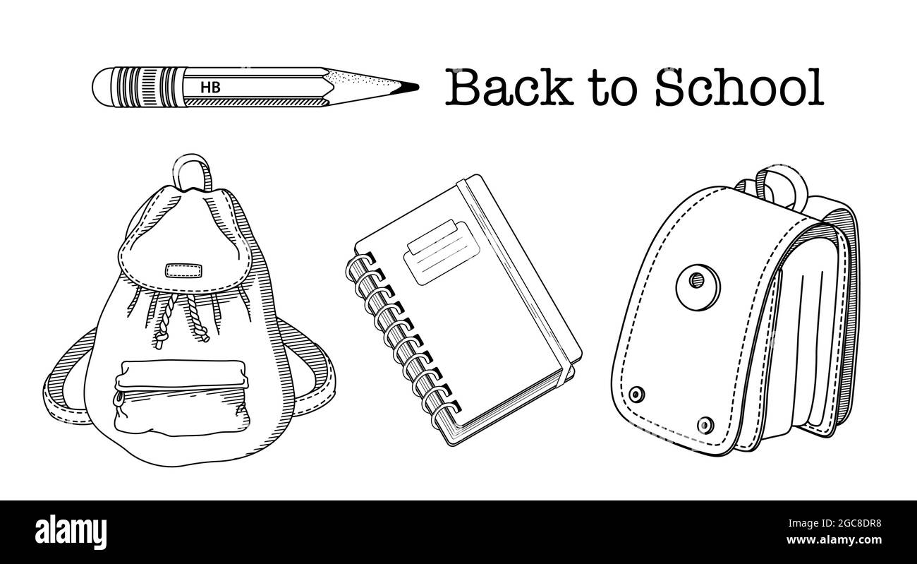 Back to School Coloring Page .Set of childish school Supplies vector illustrations. Backpack, schoolbag, pencils and notebook. Premium Vector Stock Vector