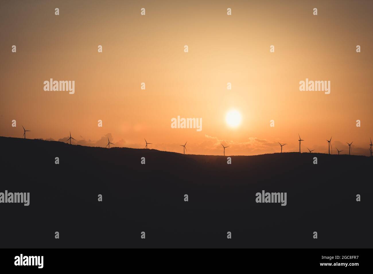 Silhouettes of wind turbines in a field during an orange sunset Stock ...