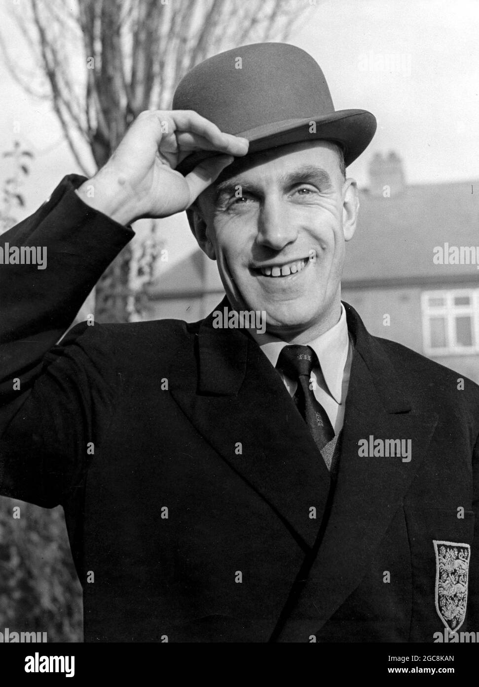 Wolves captain Billy Wright with bowler hat as he prepares for life after football Stock Photo