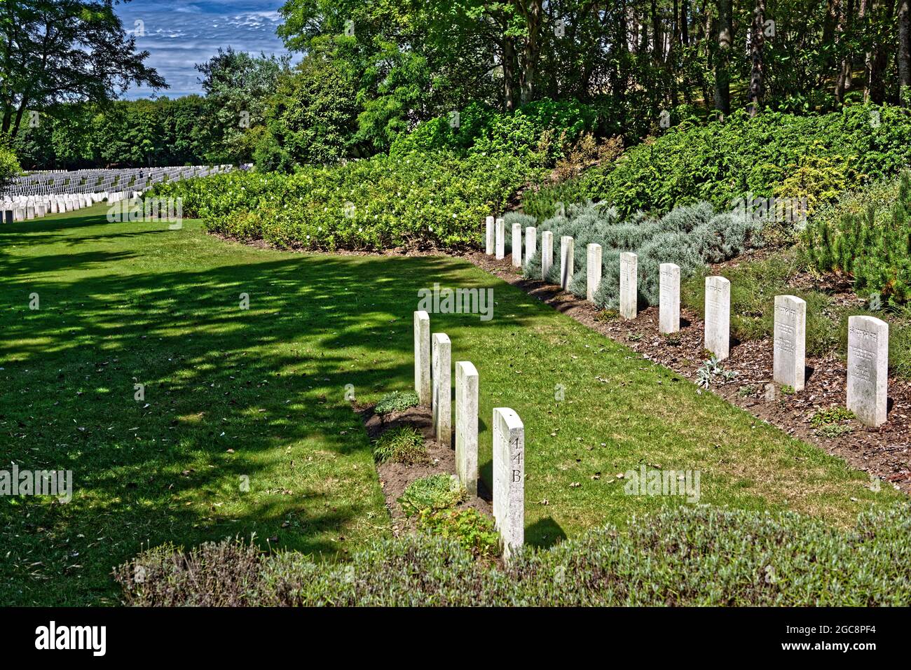 First World War military cemetery at Étaples, with more than 11,500 graves. Indian Army graves; British and Dominion graves in background. Stock Photo
