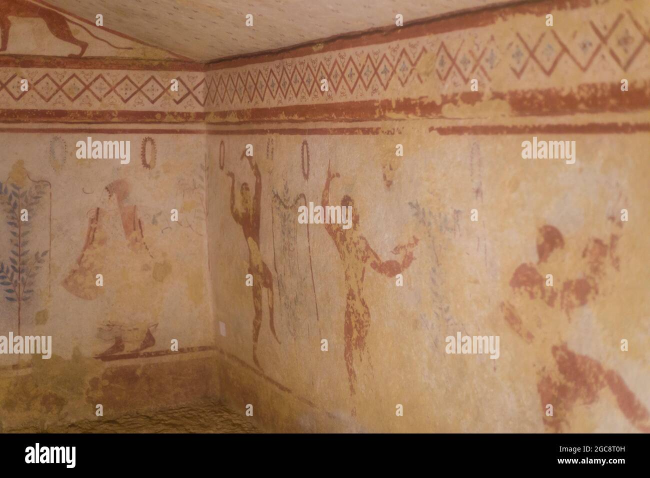 Etruscan painted tombs in the Monterozzi necropoleis above Tarquinia, Lazio, Italy Stock Photo
