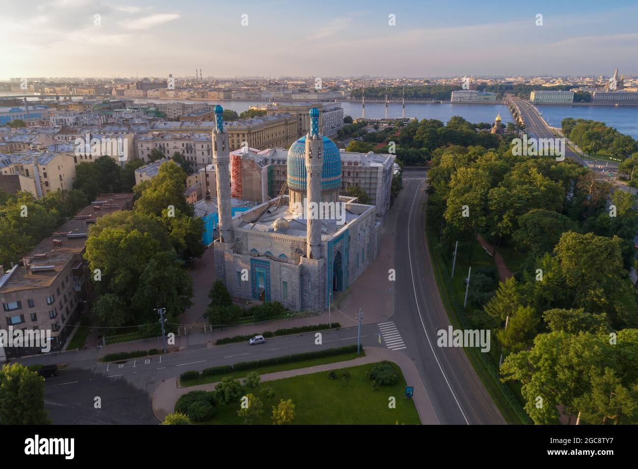 Old cathedral mosque in the cityscape on a warm July morning (aerial photography). St. Petersburg, Russia Stock Photo