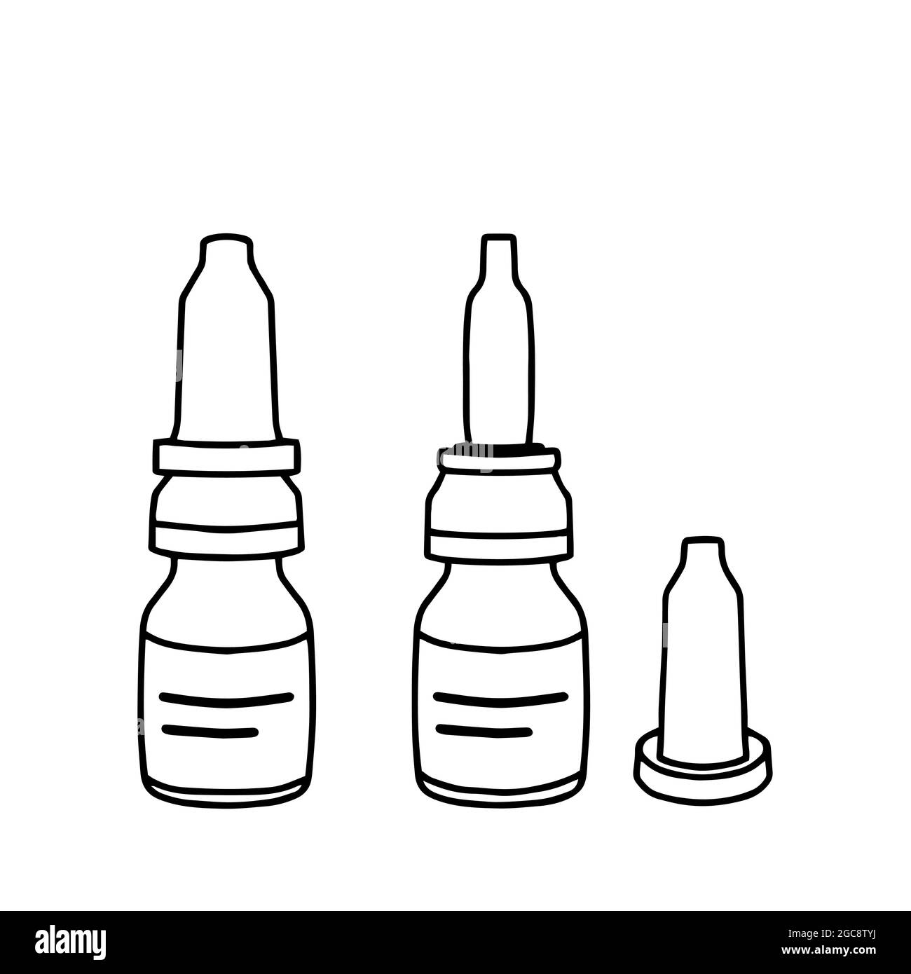 Two pharmacy bottles with a pipette in the style of doodles in a vector format, suitable for use on the Internet, print or advertising. Stock Vector