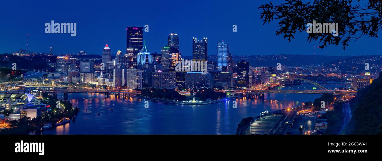 Pittsburgh, Pennsylvaninc skyline at night in mid summer. Stock Photo