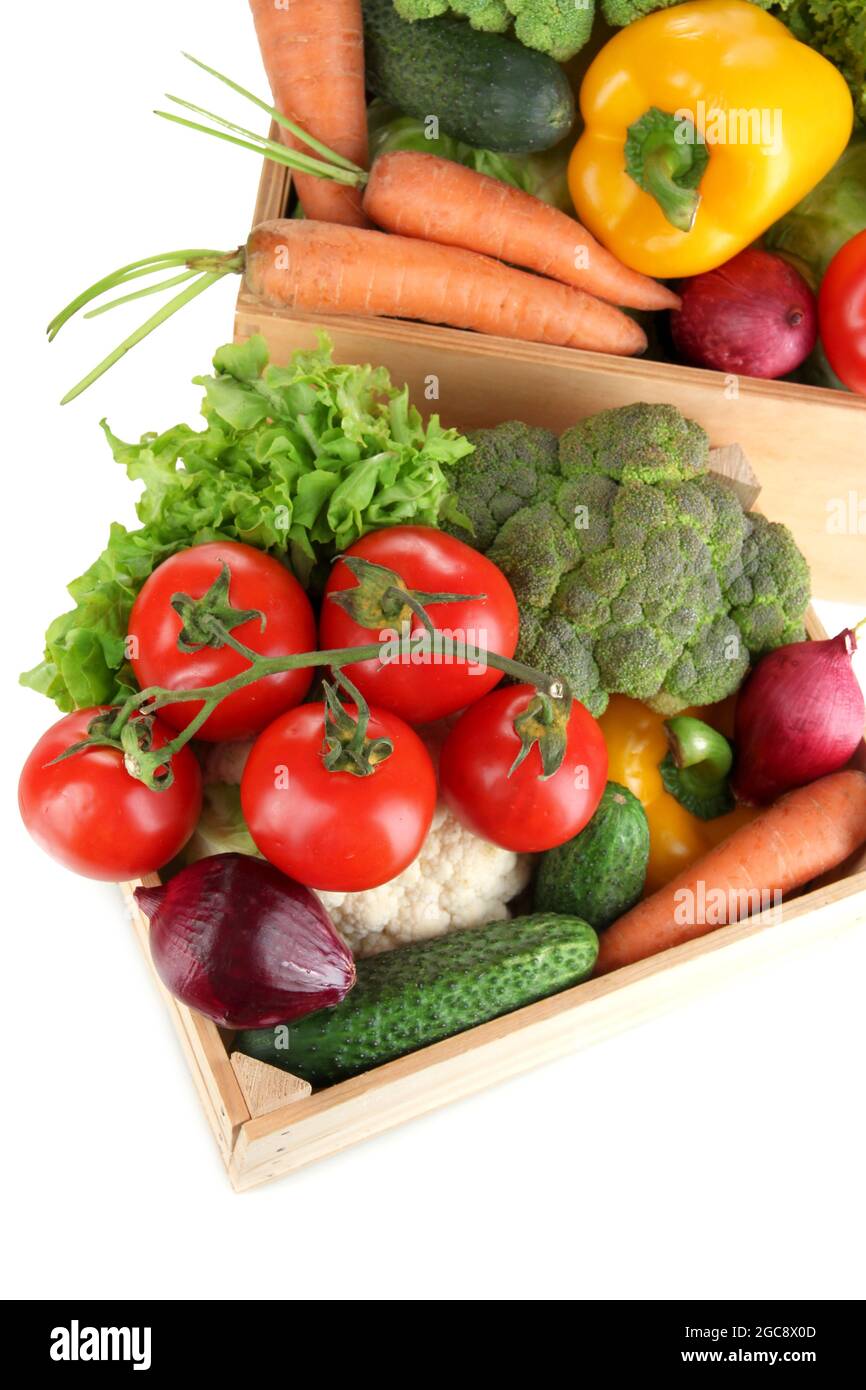 Fresh vegetables in wooden boxes on white background Stock Photo - Alamy