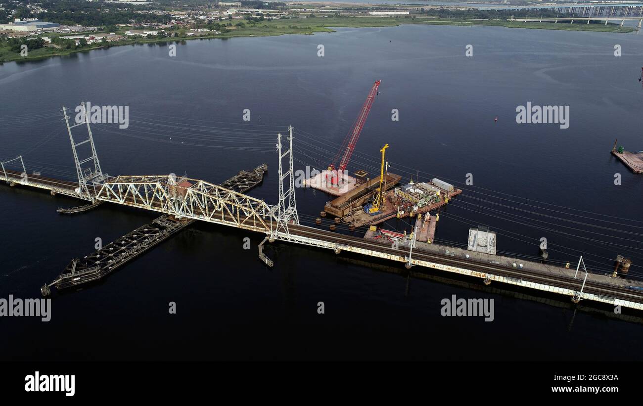 Aerial view of River Draw, the bridge connecting South Amboy and Perth Amboy, NJ over the Raritan Bay. Also known as the Raritan Bay Railroad Bridge Stock Photo