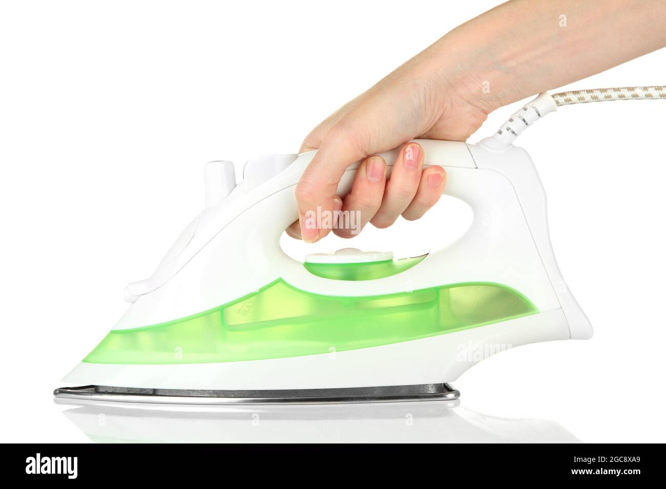 Steam iron in hand, isolated on white Stock Photo Alamy