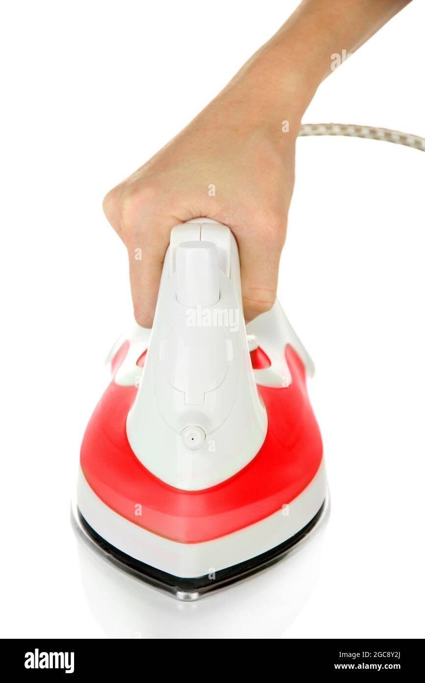 Steam iron in hand, isolated on white Stock Photo Alamy
