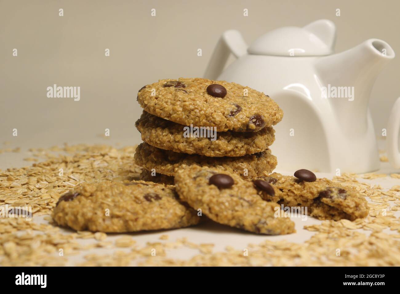 Peanut butter oatmeal Choco chips cookies. A home baked healthy snack. Shot on white background. Stock Photo