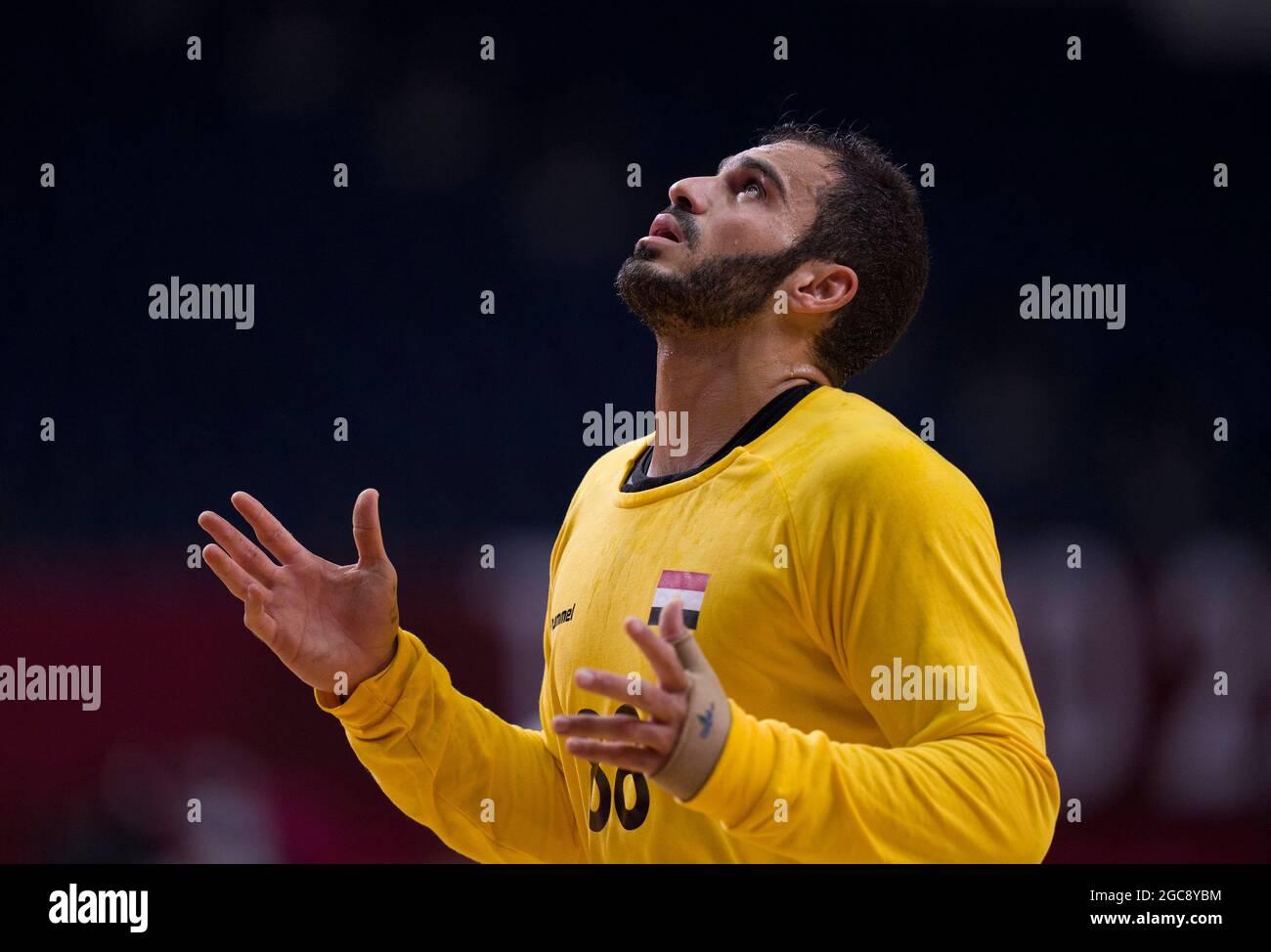 Tokyo, Japan. 7th Aug, 2021. Egypt's goalkeeper Karim Hendawy reacts