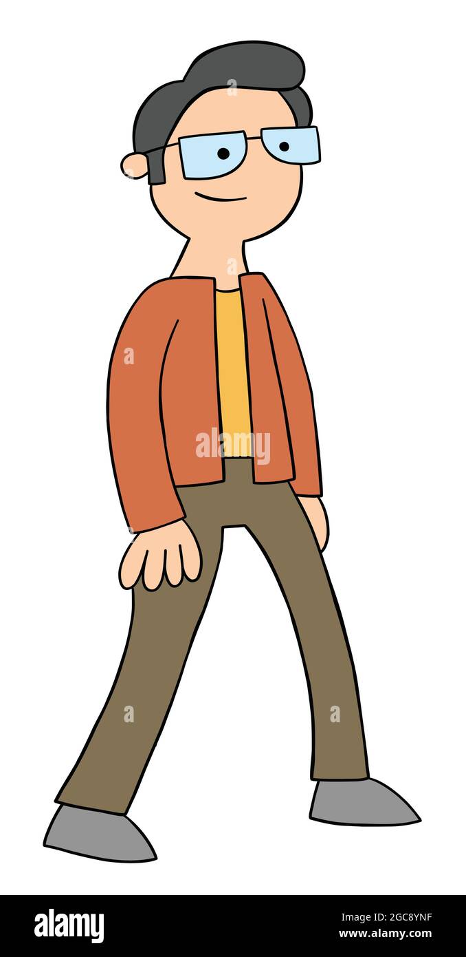 Cartoon man with glasses walking, vector illustration. Colored and black outlines Stock Vector