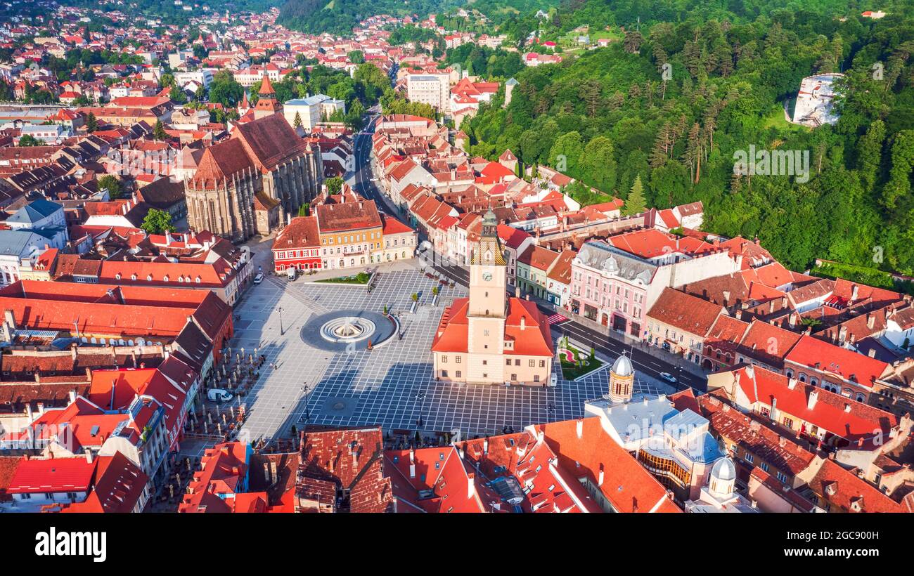 Brasov, Romania - Aerial drone view of Council Square with Black Church, medieval downtown, Transylvania. Stock Photo