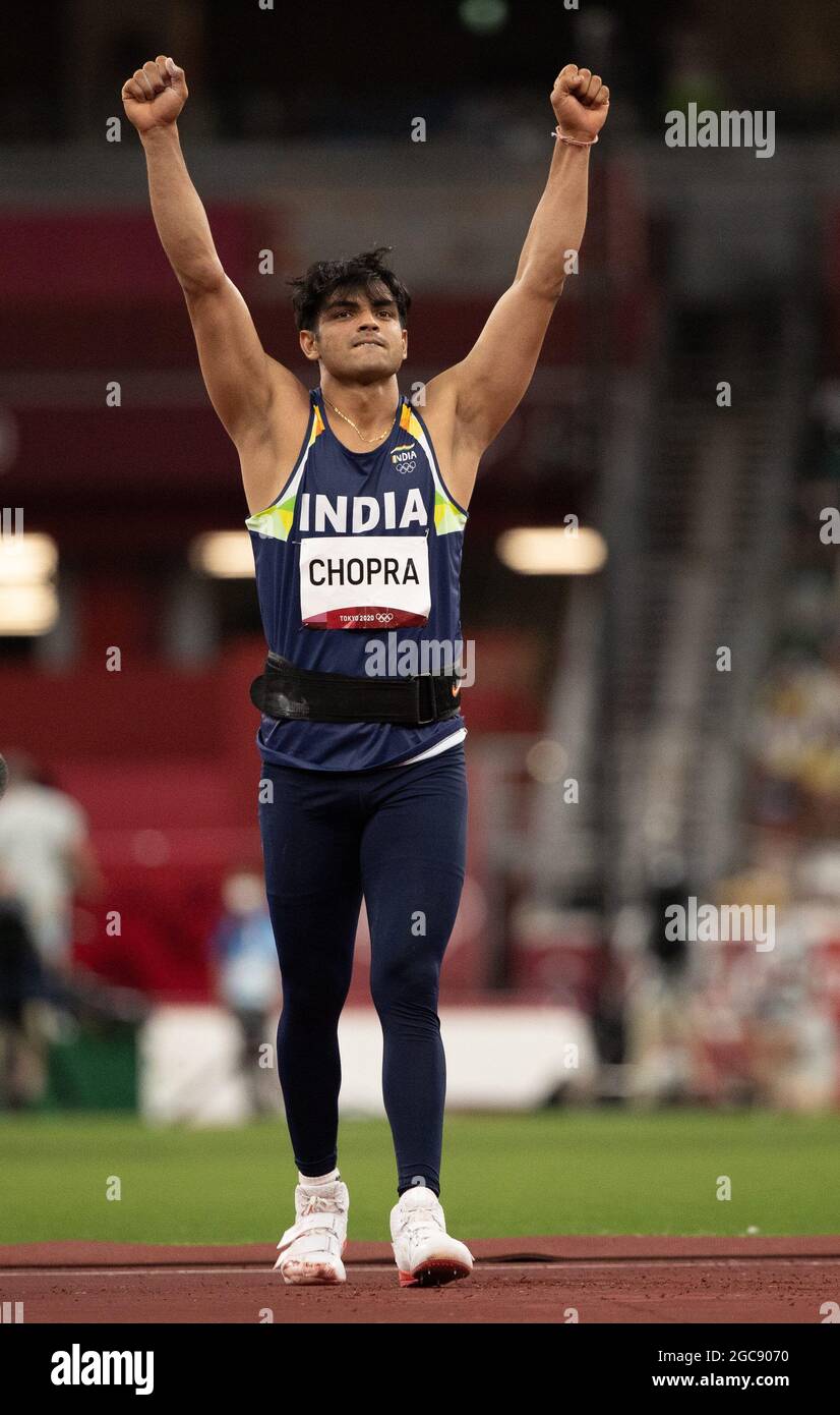 Tokyo, Japan. 7th Aug, 2021. NEERAJ CHOPRA celebrates winning the men