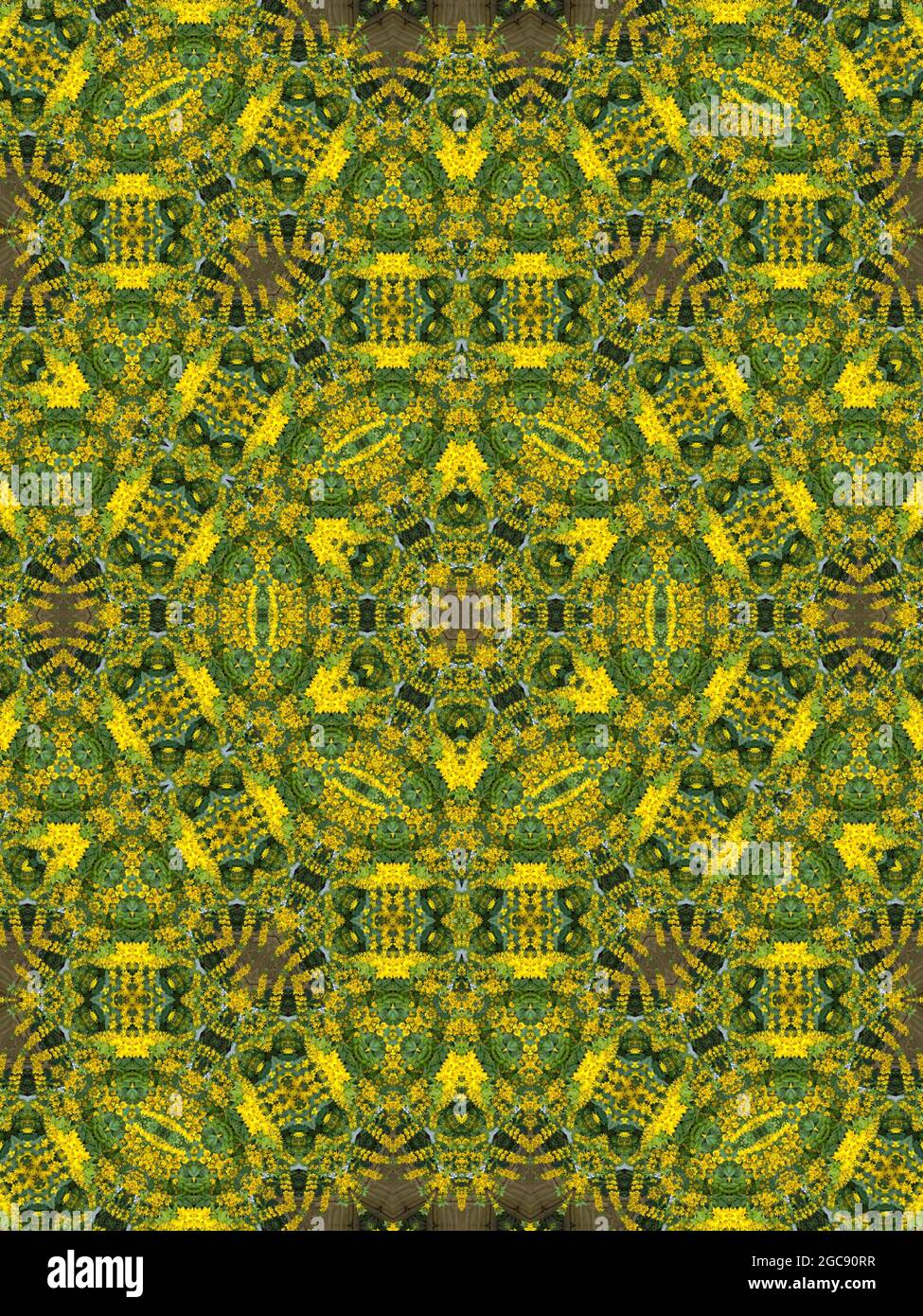 African prints. African tribal patterns. Tribal patterned kaleidoscope. Light and energy tribal wallpaper and yellow light and energy kaleidoscope. Stock Photo