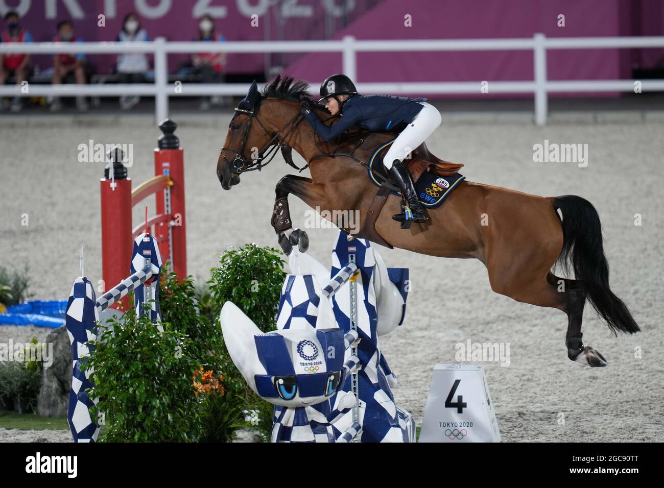 Tokyo, Japan. 7th Aug, 2021. Malin Baryard-Johnsson of Sweden competes during the equestrian jumping team final competition at the Tokyo 2020 Olympic Games in Tokyo, Japan, Aug. 7, 2021. Credit: Zhu Zheng/Xinhua/Alamy Live News Stock Photo