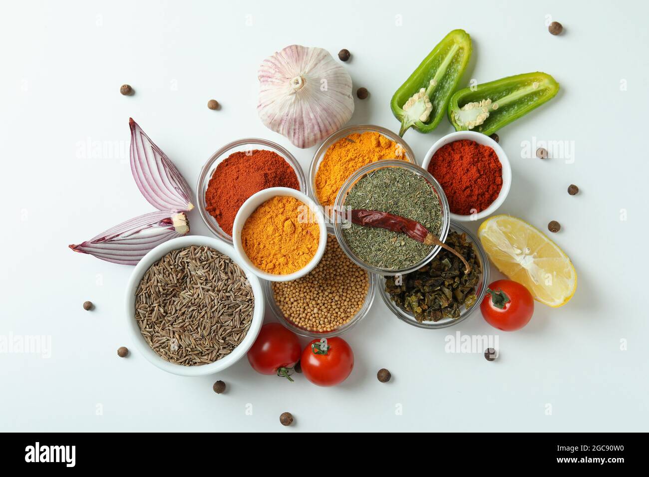 Concept of aromatic spices on white background Stock Photo - Alamy
