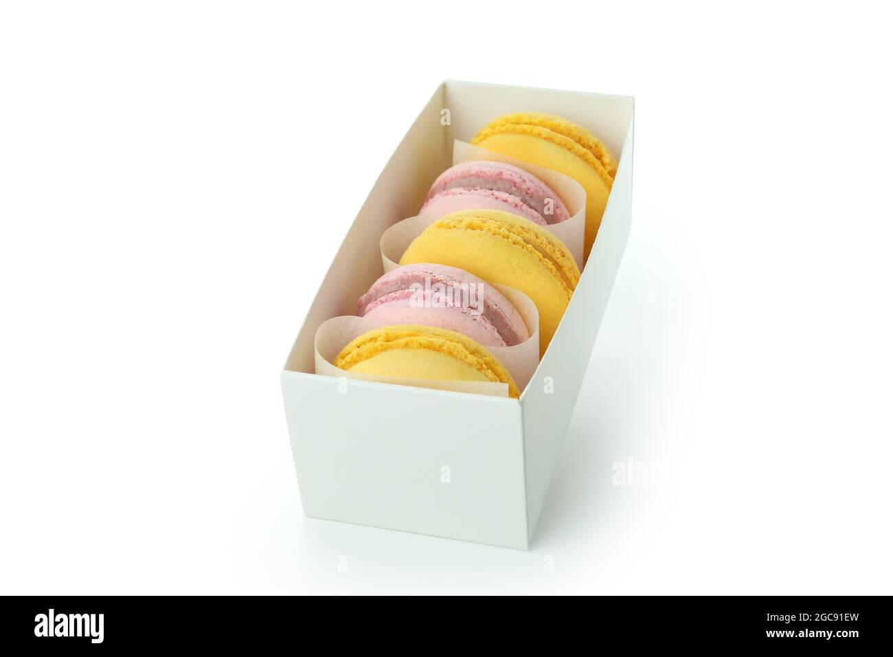 Multicolored tasty macaroons isolated on white background Stock Photo