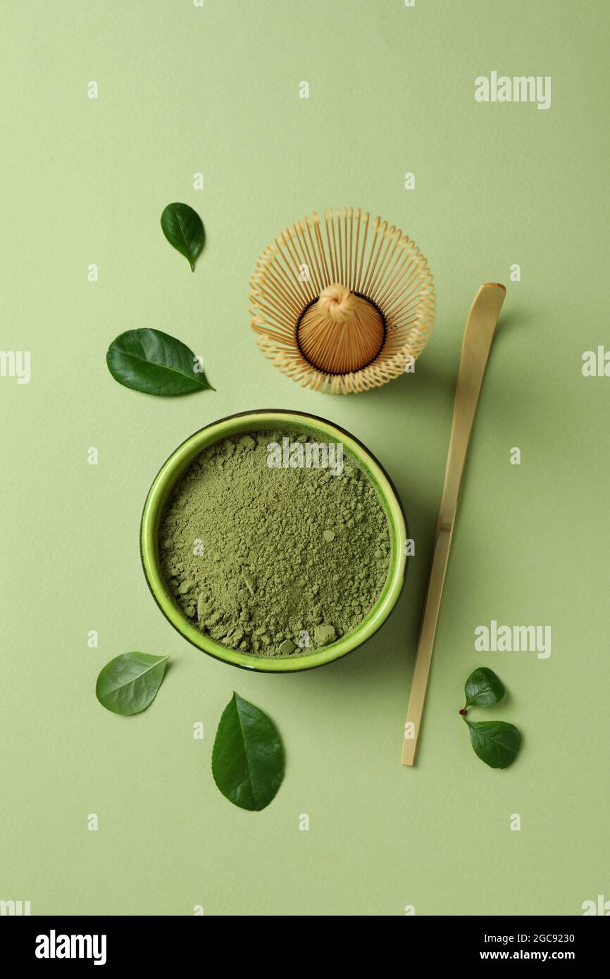 Concept of japanese tea with matcha on green background Stock Photo - Alamy