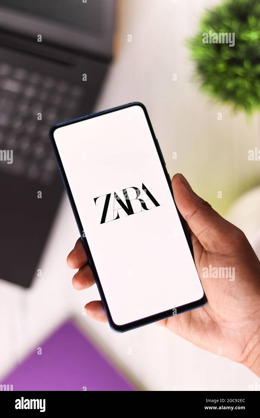Assam, India August 6, 2021 ZARA logo on phone screen stock image