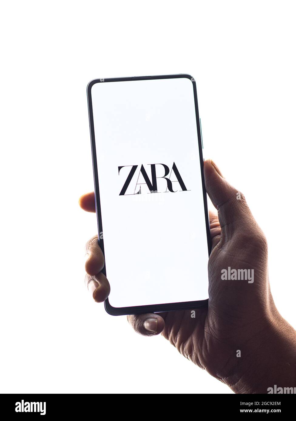 Assam, India August 6, 2021 ZARA logo on phone screen stock image