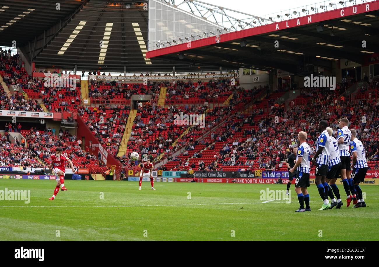 Charlton Athletic's Albie Morgan (left) attempts a shot from a direct free  kick outside the box during the Sky Bet Championship match at The Valley,  London. Picture date: Saturday August 7, 2021