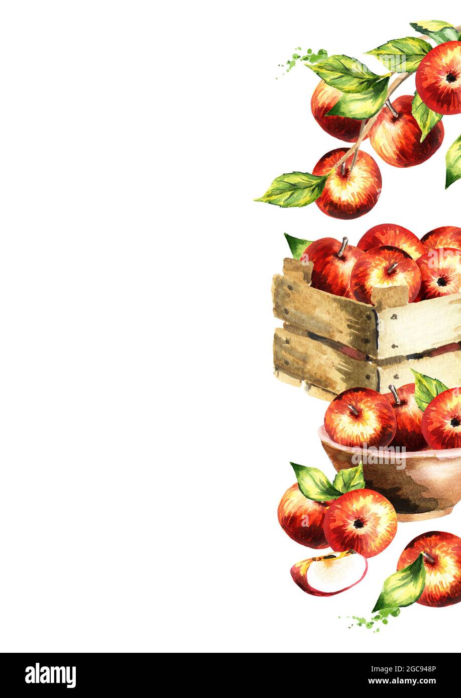 Red apples and green leaves background. Watercolor hand-drawn template