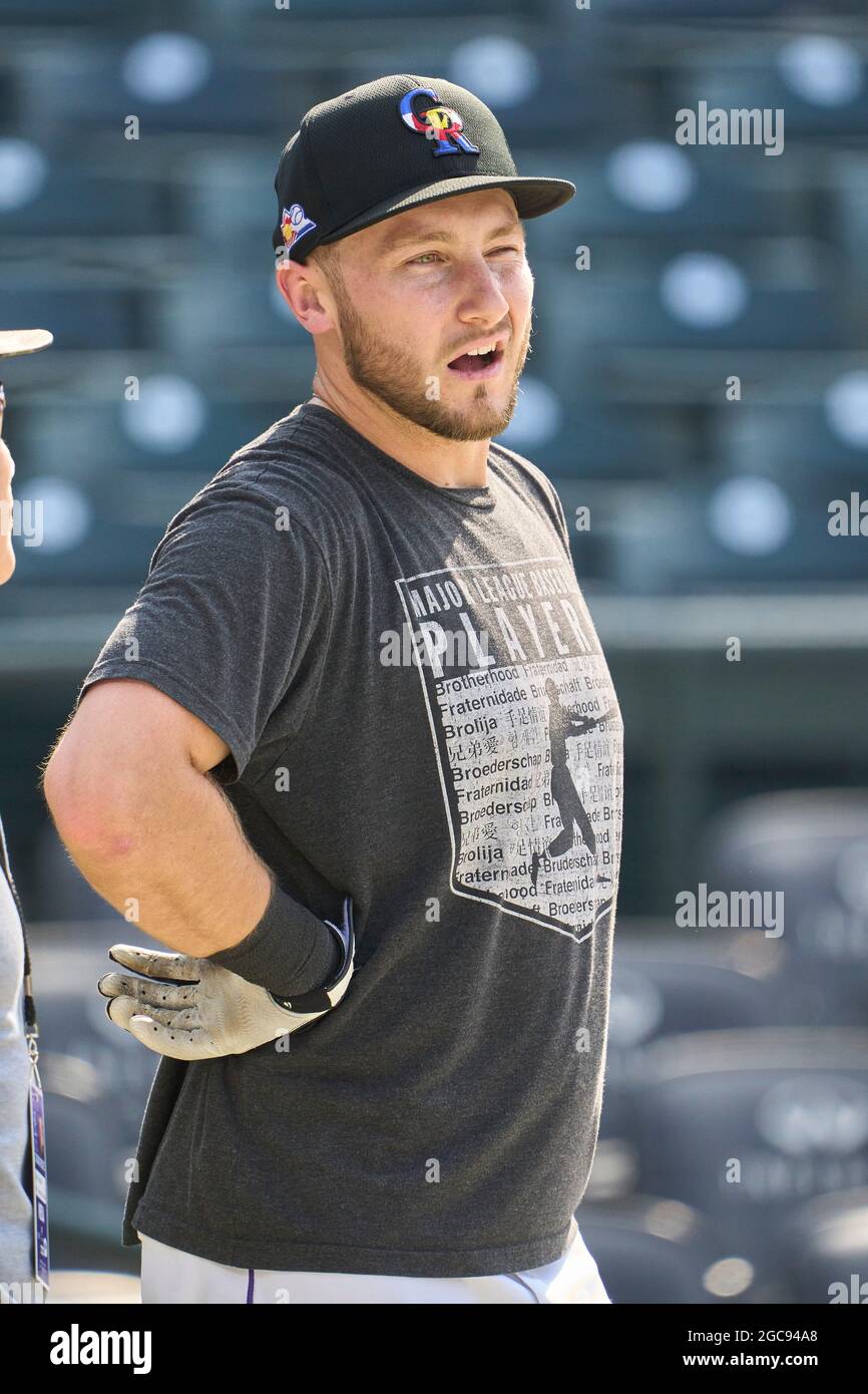 August 3 2021: Colorado Rockies outfielder Connor Joe (9) before the game with the Chicago Cubs and the Colorado Rockies held at Coors Field in Denver Co. David Seelig/Cal Sport Medi(Credit Image
