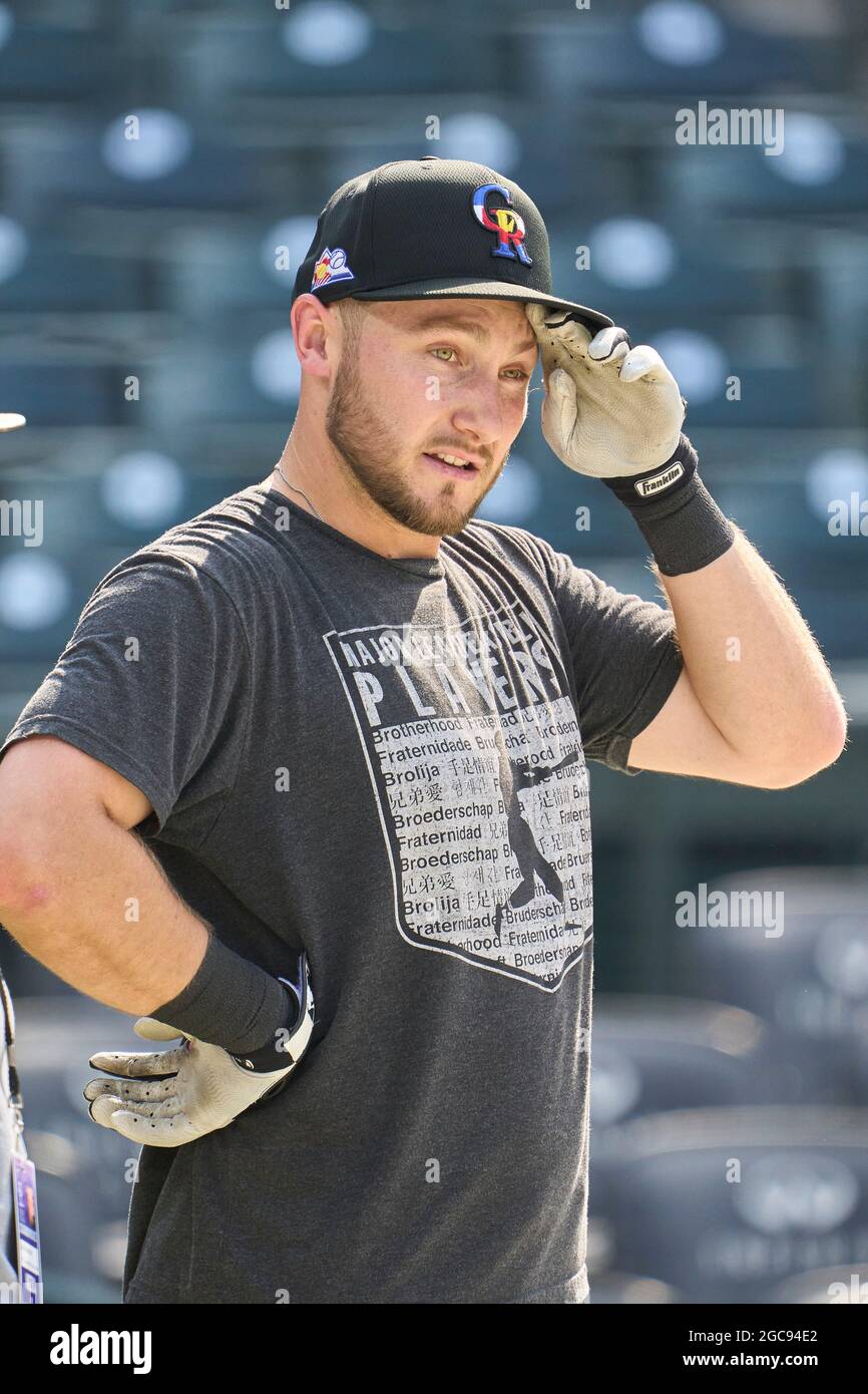 August 3 2021: Colorado Rockies outfielder Connor Joe (9) before the game with the Chicago Cubs and the Colorado Rockies held at Coors Field in Denver Co. David Seelig/Cal Sport Medi(Credit Image