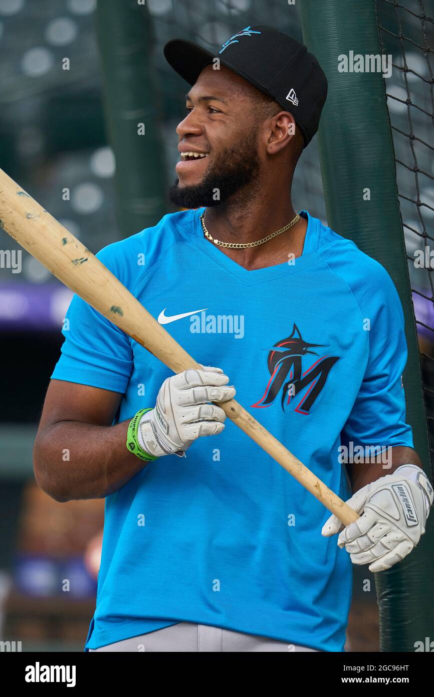 August 6 2021: Florida right fielder Bryan De La Cruz (77) during batting  practice before the game with Colorado Rockies and Miami Marlins held at  Coors Field in Denver Co. David Seelig/Cal