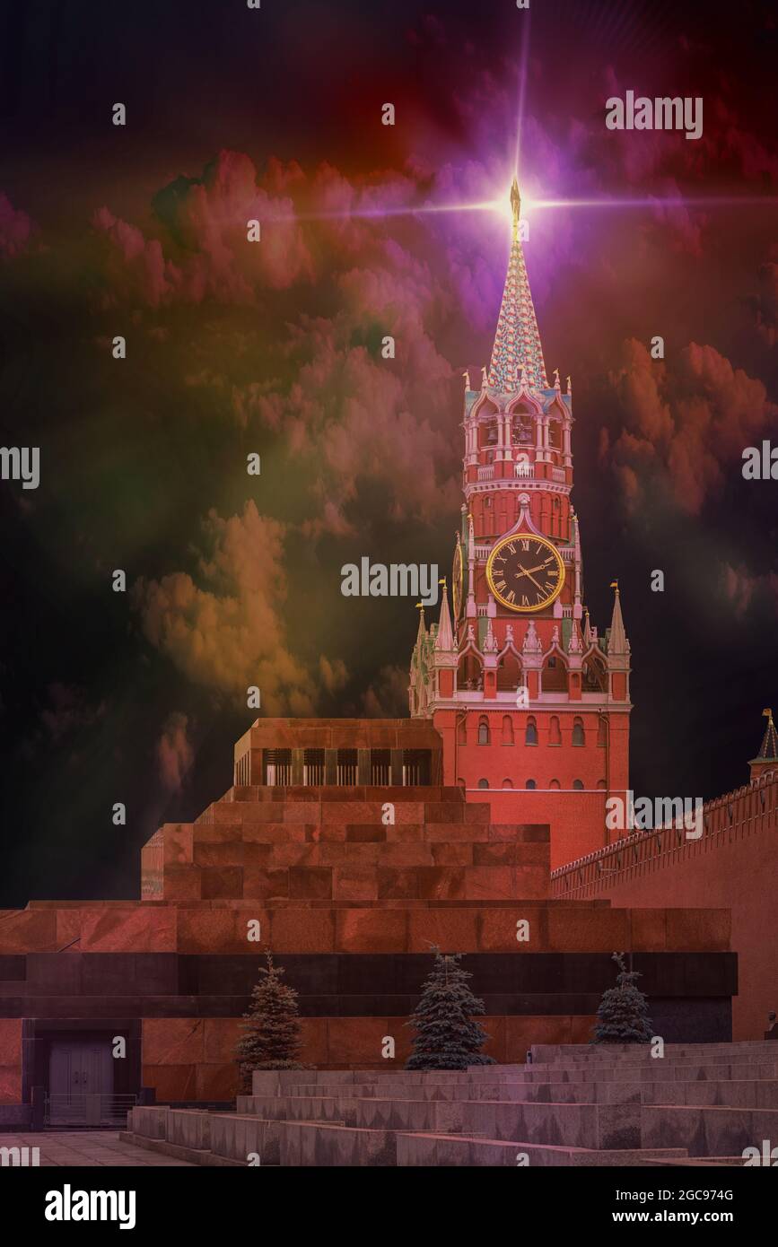 Spasskaya clock tower and Mausoleum of Kremlin in Red square Moscow, Russia. Lighting on a star at the tower illuminates night buildings. Collage. Stock Photo