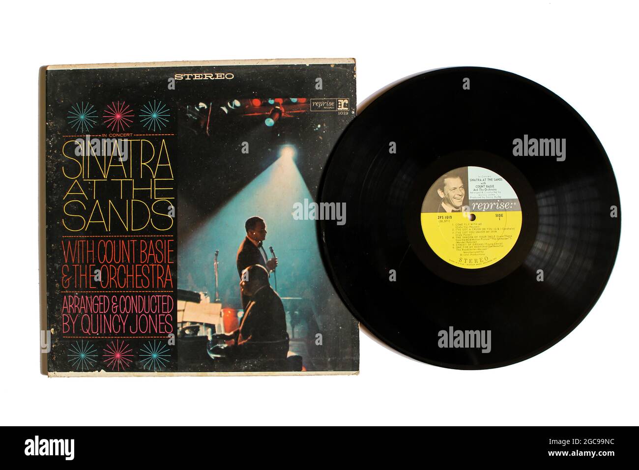 Jazz and easy listening musician, Frank Sinatra live music album on vinyl record LP disc. Titled: Sinatra at the Sands in Las Vegas album cover Stock Photo
