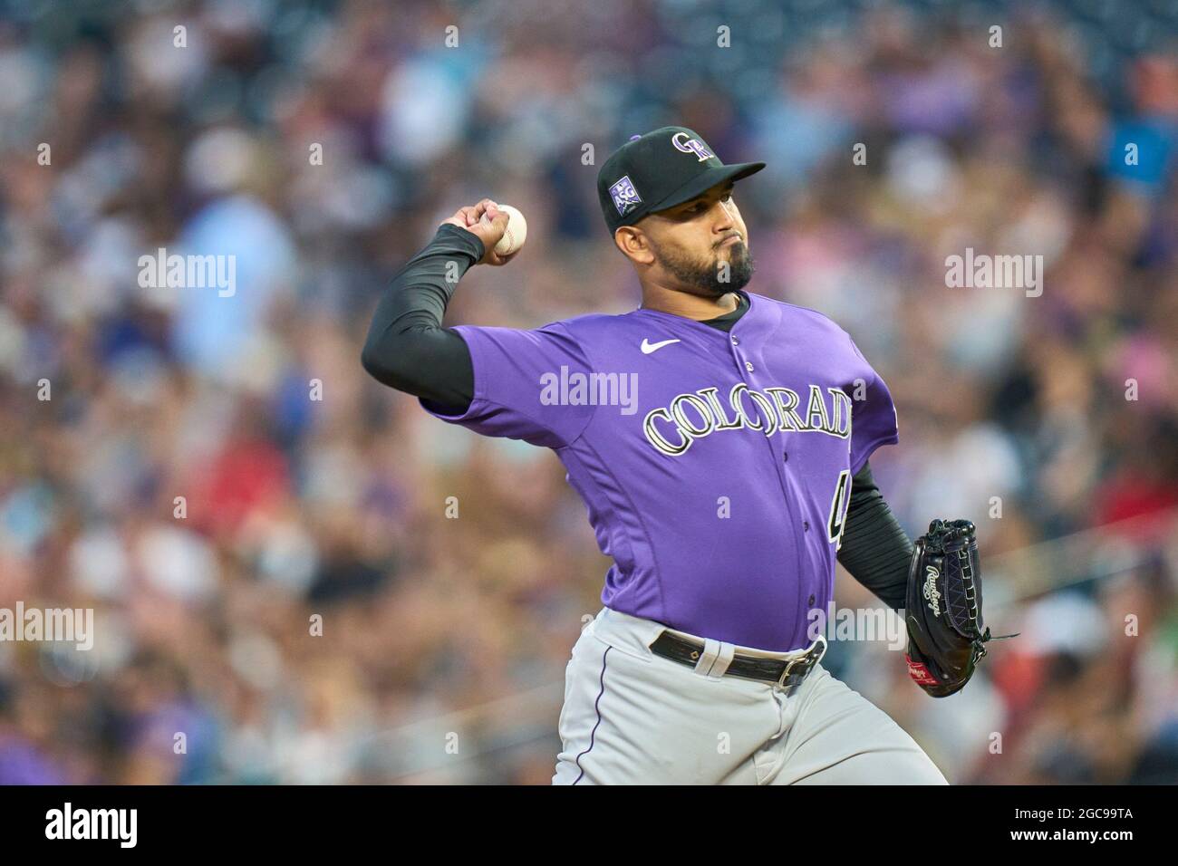 Denver CO, USA. 27th Sep, 2021. Washington pitcher Tanner Rainey (21)  throws a pitch during the game with Washington Nationals and Colorado  Rockies held at Coors Field in Denver Co. David Seelig/Cal