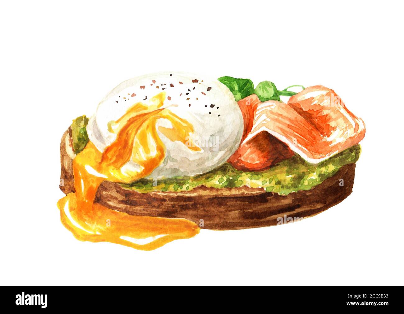 Poached egg on toast with avocado and a slice of salmon or trout. Hand
