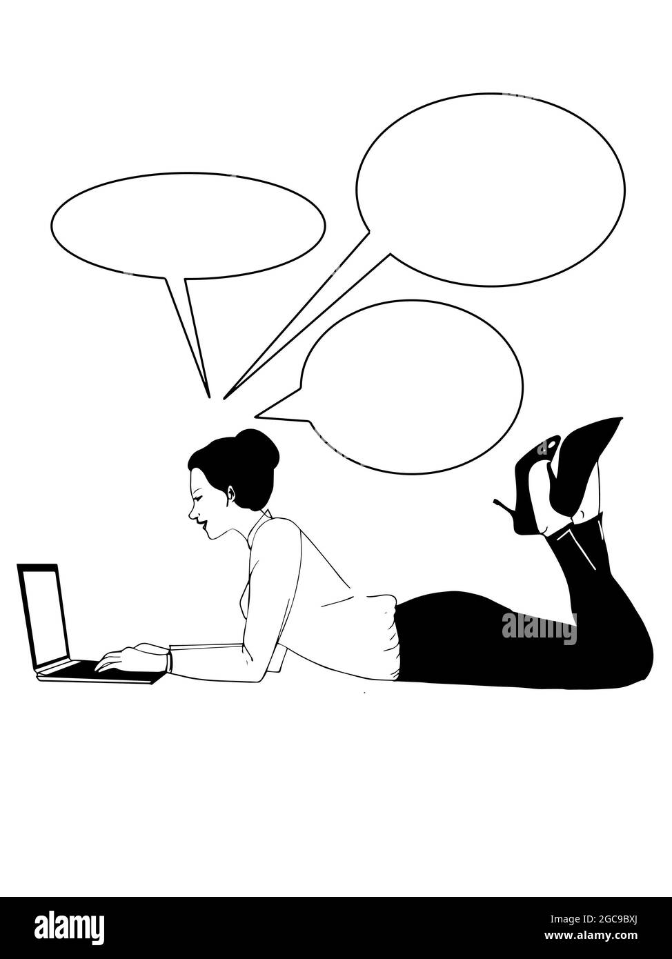 business woman with laptop ,speech bubbles ,black white colors Stock Photo