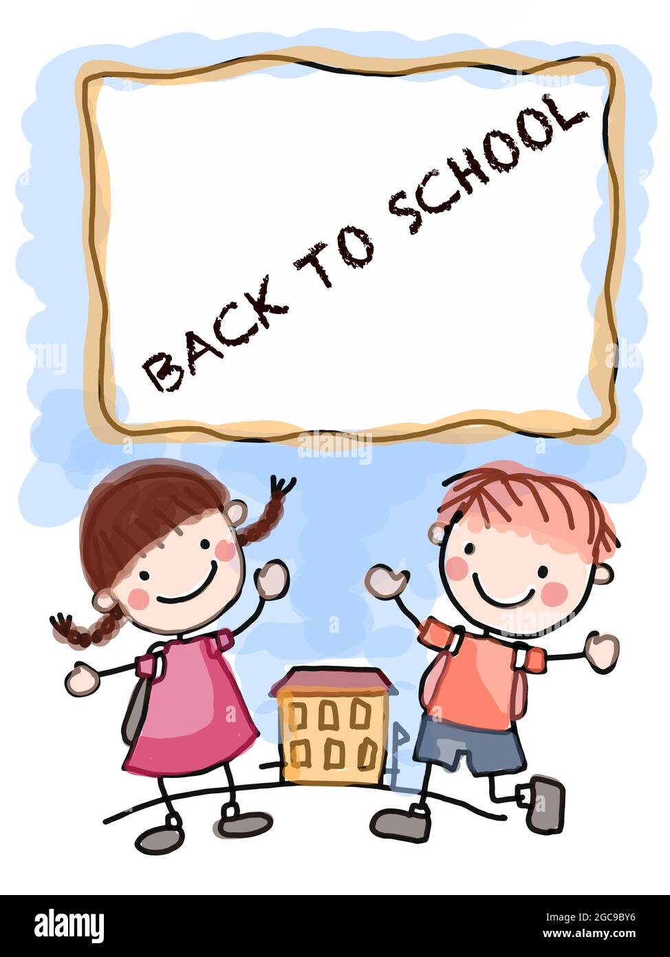 cartoon  children line drawing and banner and back to school Stock Photo