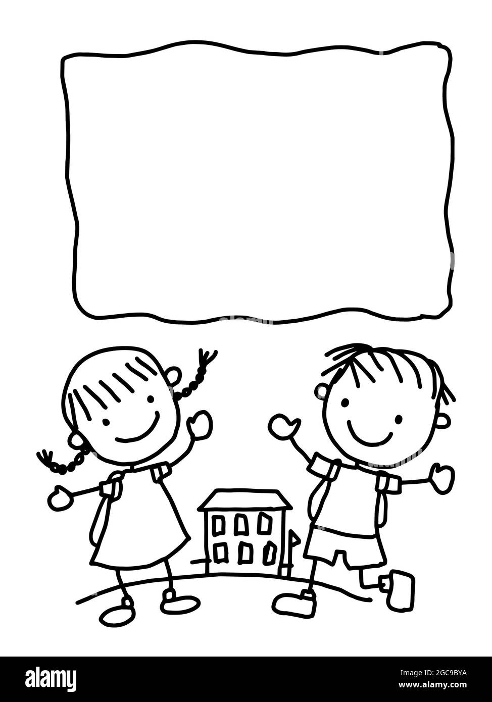 cartoon  children line drawing and banner and back to school Stock Photo