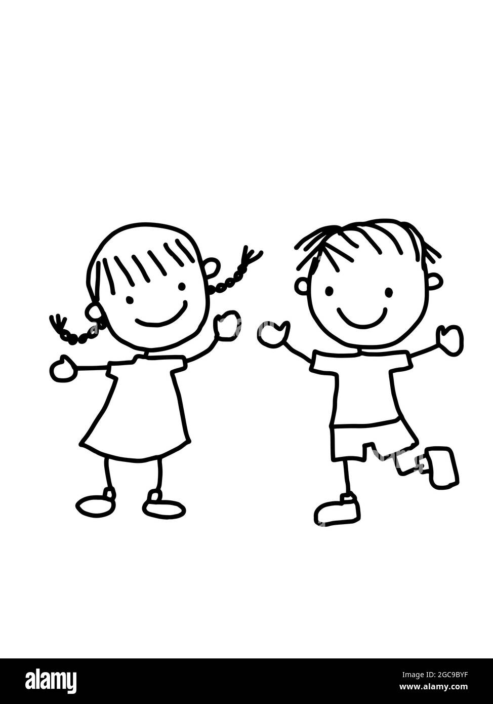 cartoon  children line drawing and banner and back to school Stock Photo