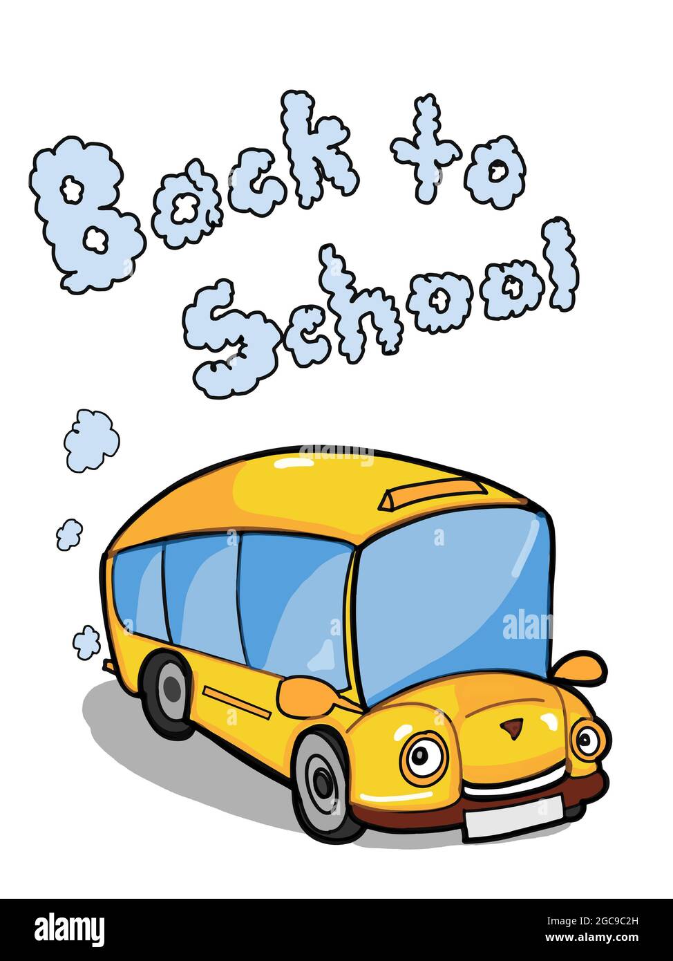 cartoon ,cute school bus, illustration and back to school text Stock Photo