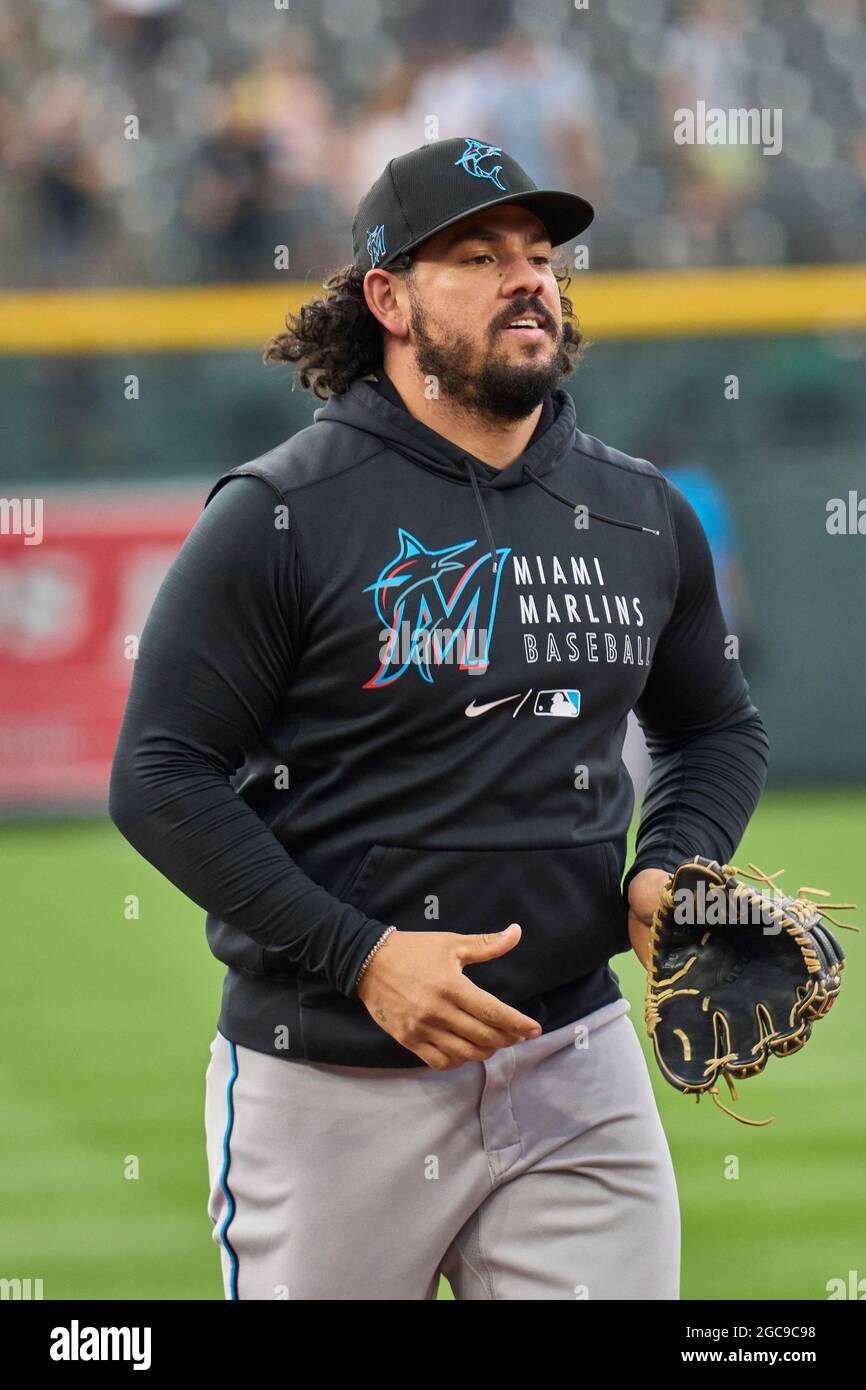 August 6 2021: Florida catcher Jorge Alfaro (38) during batting practice  before the game with Colorado Rockies and Miami Marlins held at Coors Field  in Denver Co. David Seelig/Cal Sport Medi(Credit Image