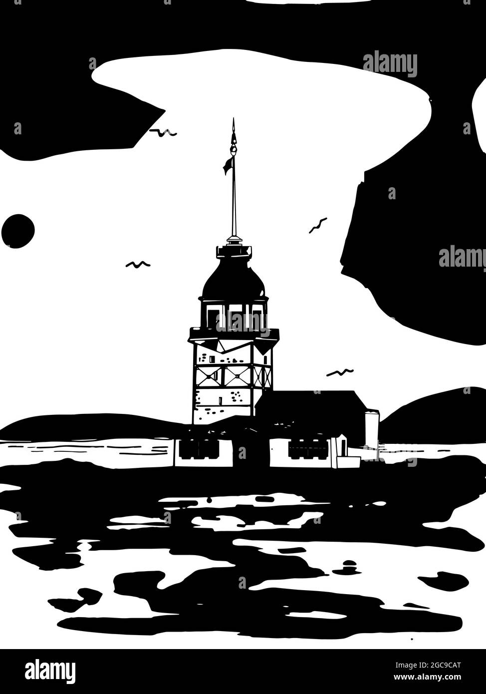 girl tower istanbul / kız kulesi istanbul illustration and blue sky and sea,black white colors Stock Photo