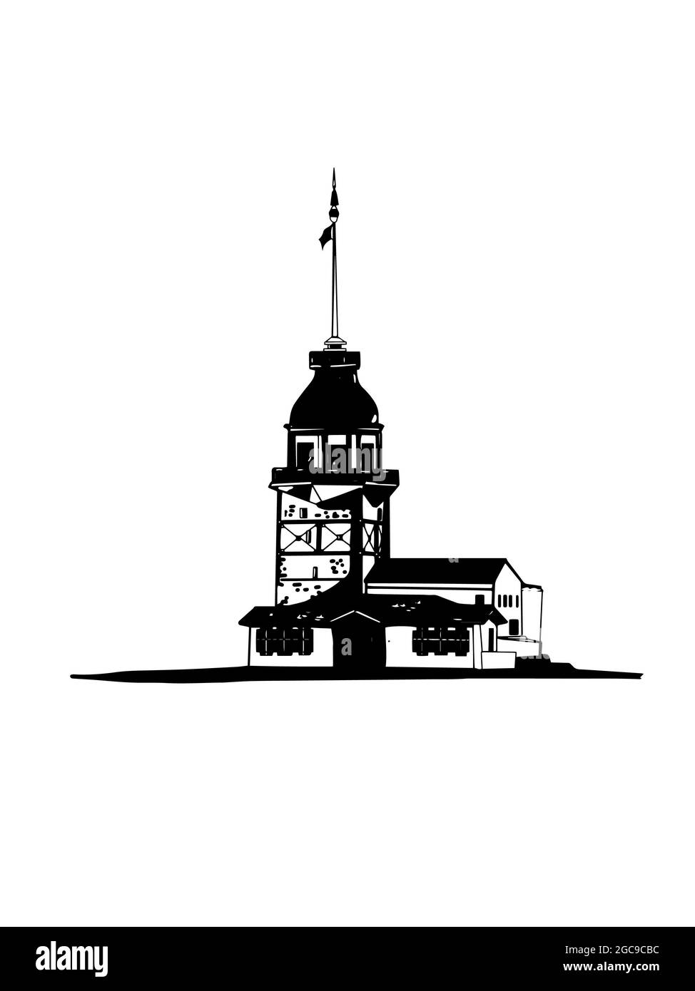 girl tower istanbul / kız kulesi istanbul illustration and blue sky and sea,black white colors Stock Photo