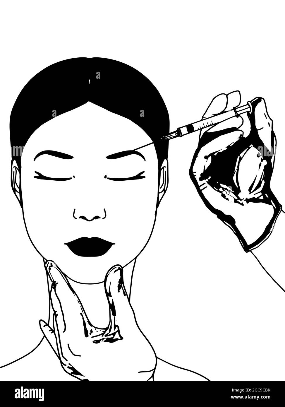 women face ,drawing pencil for lifting injection ,black white colors Stock Photo