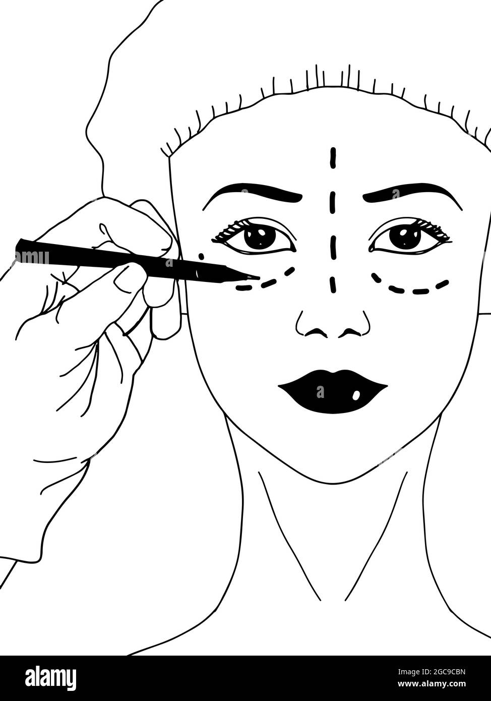 women face ,drawing pencil for lifting injection ,black white colors Stock Photo