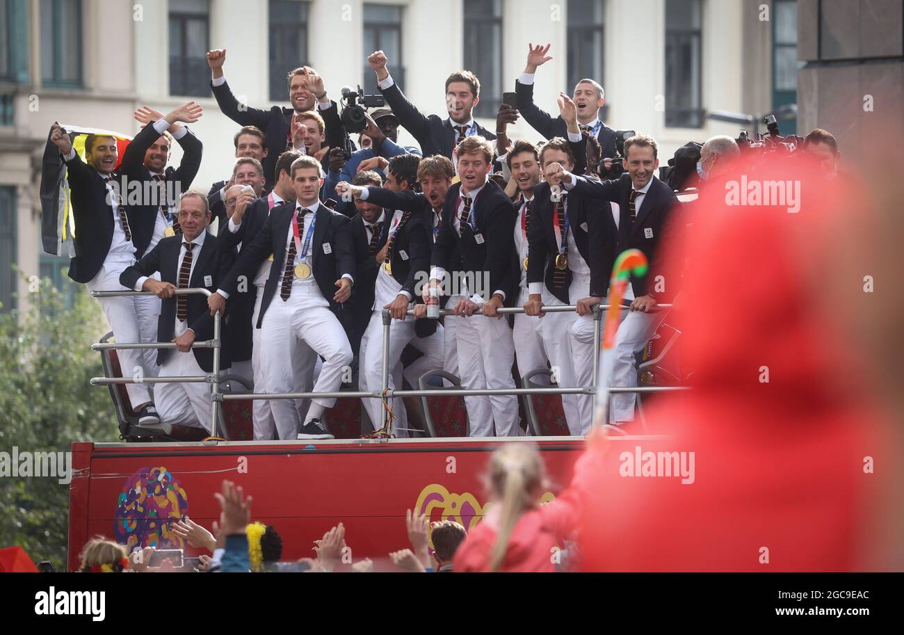 Belgium's players arrive for the celebrations for the gold medal of the