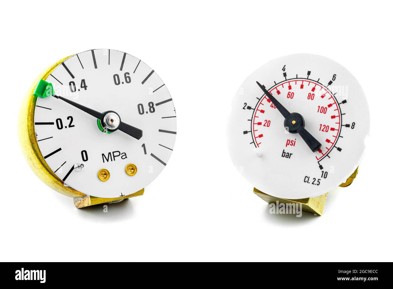 Macro photo of a scale of two pressure gauges to 10 BAR showing a