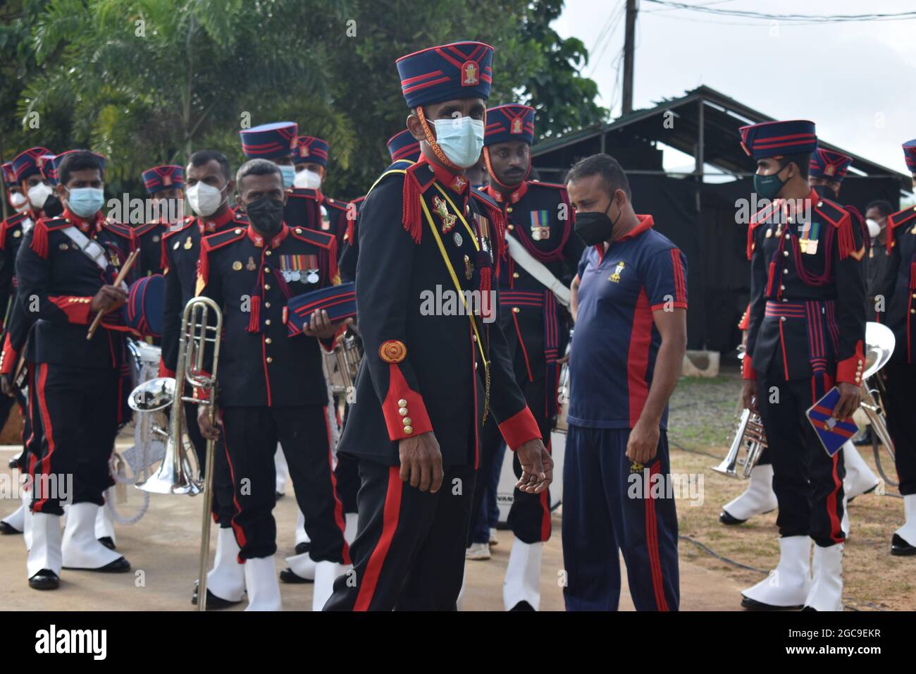 Sri Lanka Army personal preparing for an opening ceremony of a sports event. Army Ordinance cricket grounds. Dombagoda. Sri Lanka. Stock Photo