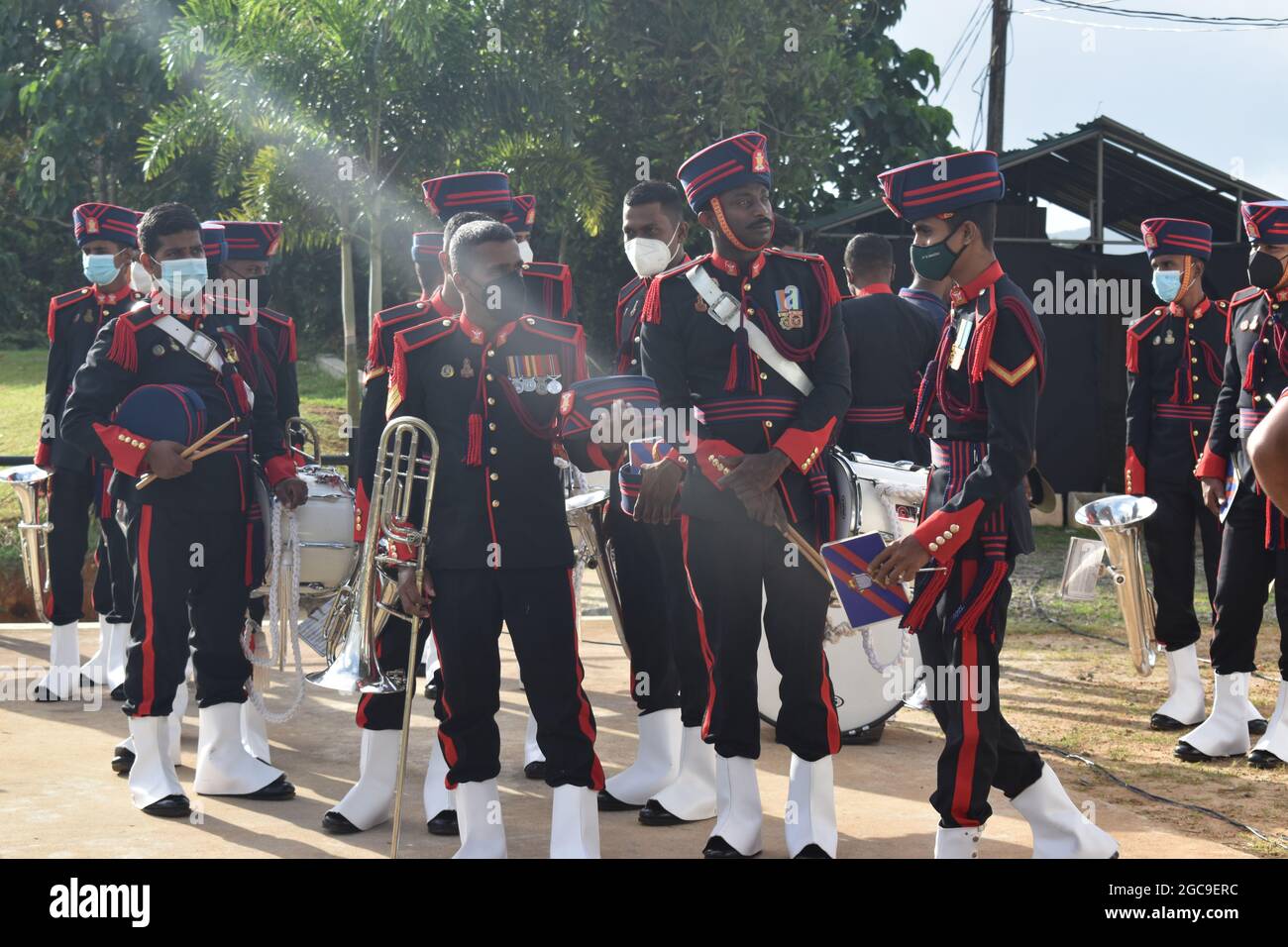 Sri Lanka Army personal preparing for an opening ceremony of a sports event. Army Ordinance cricket grounds. Dombagoda. Sri Lanka. Stock Photo