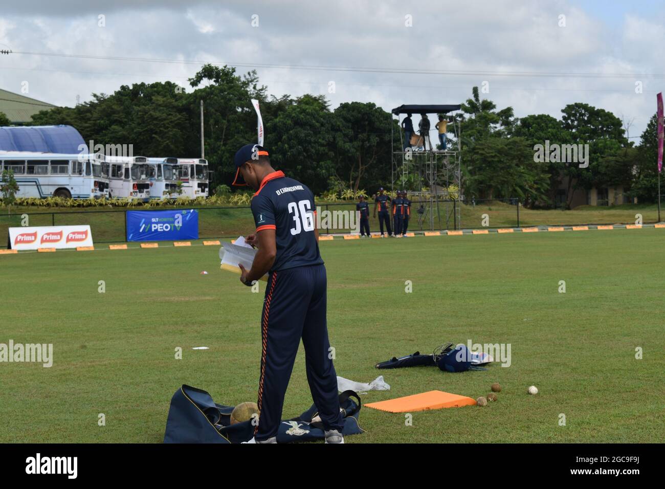Sri Lanka cricketer Dinesh Chandimal preparing before a match. At the picturesque Army Ordinance cricket grounds. Dombagoda. Sri Lanka. Stock Photo